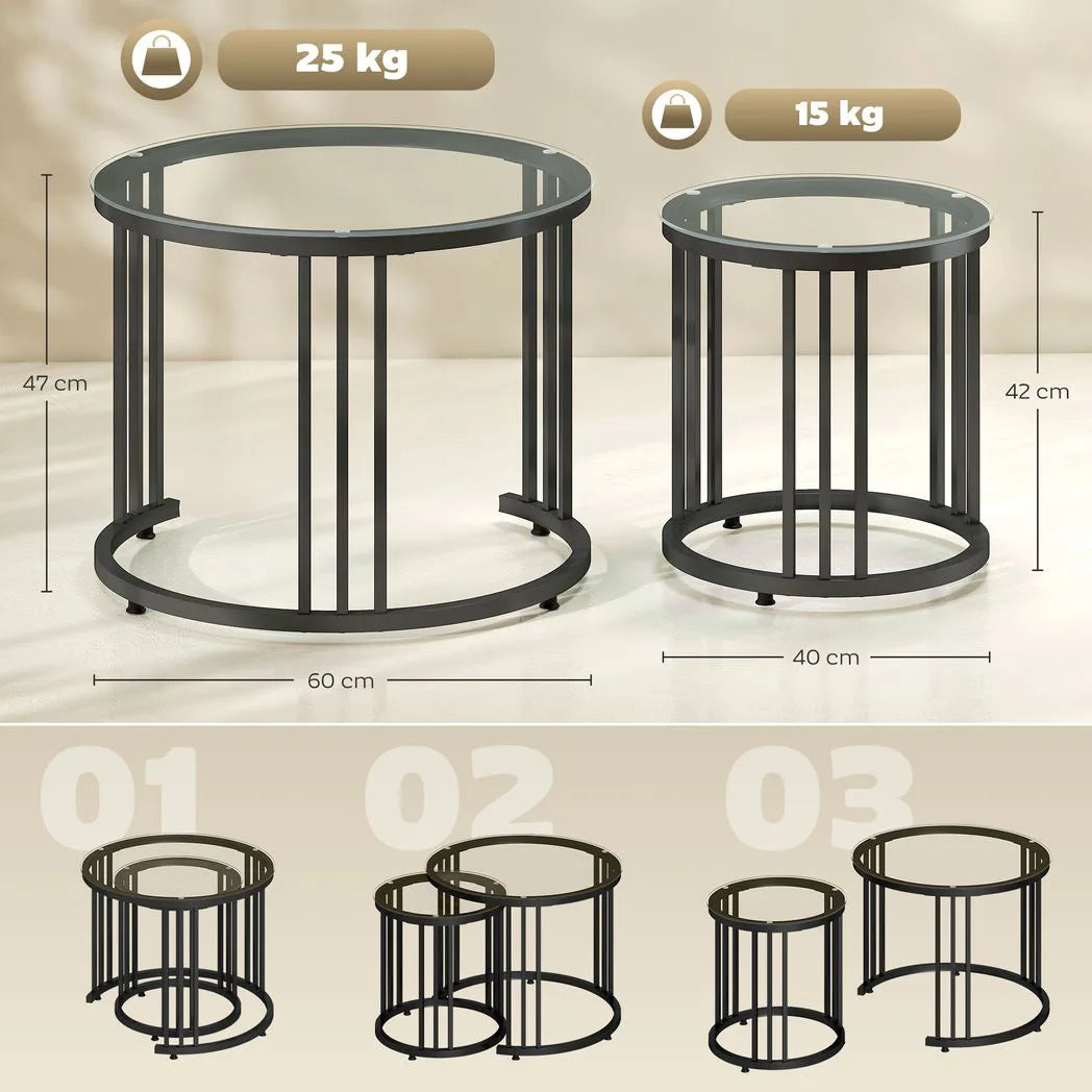 HOMCOM Round Nesting Coffee Tables Set of 2 – Tempered Glass Tops, Steel Frame, Art Deco Style, Black