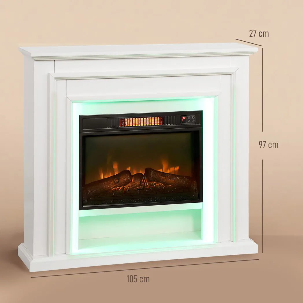 HOMCOM 1800W Electric Fireplace with Multicolour LED Flame Effect, Thermostat & Timer – Remote Control, White