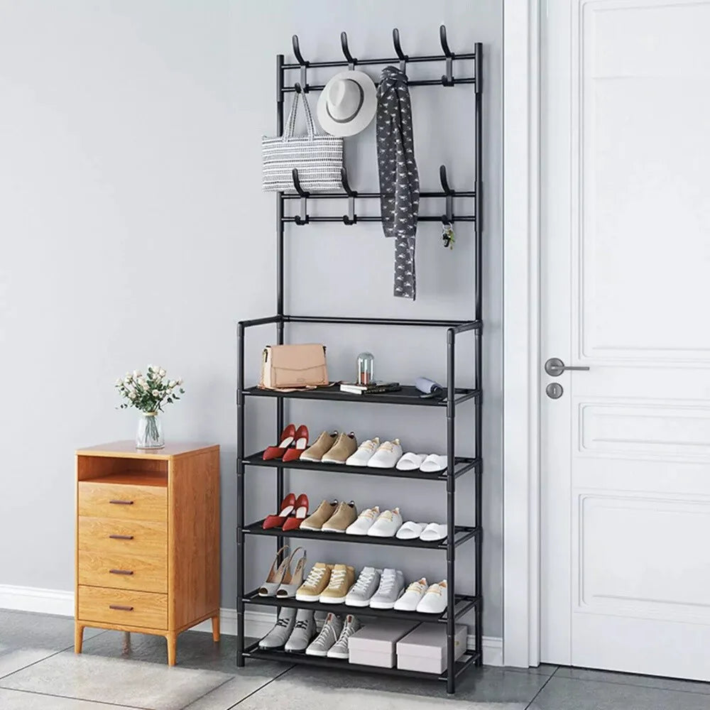 Metal Coat and Hat Stand with 8 Hooks & 5-Tier Shoe Rack, 60 x 26 x 170cm, Black