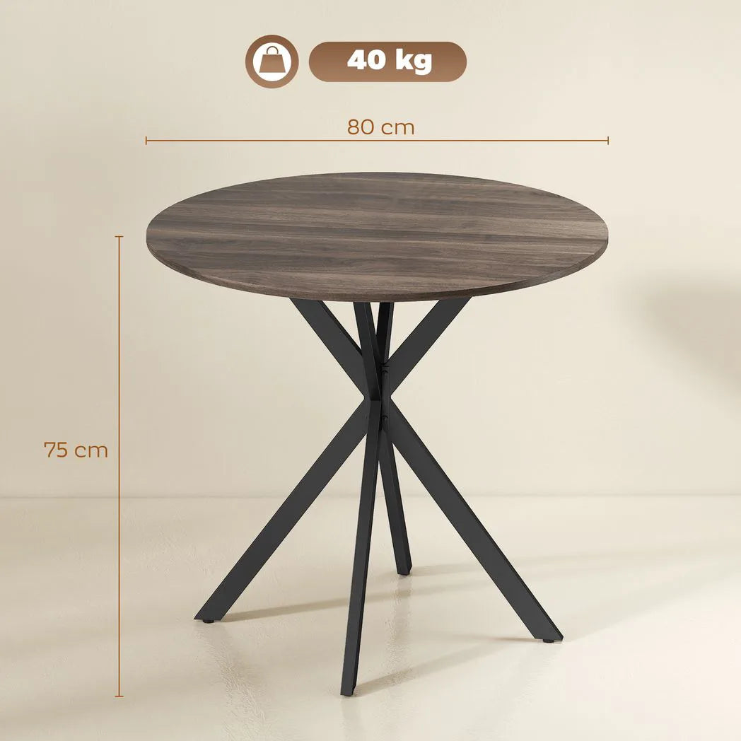 HOMCOM 80cm Industrial Round Dining Table with Steel X-Legs – Wood-Effect Kitchen Table for Two, Brown