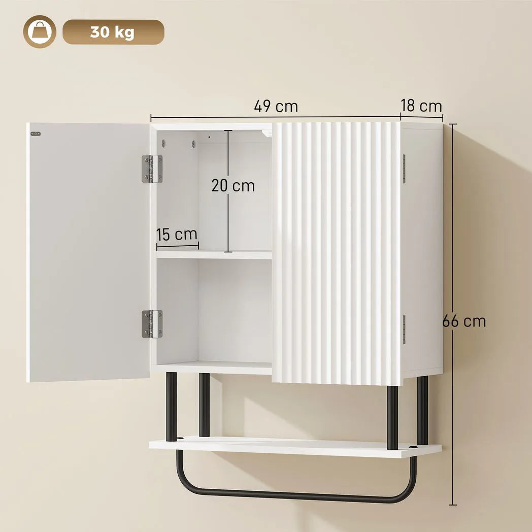 HOMCOM Bathroom Wall Cabinet with Doors and Towel Bar – Wall-Mounted Space-Saving Storage, White