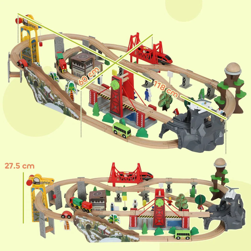 AIYAPLAY 100 Piece Wooden Train Set with Track, Crane & Battery Operated Train – Beechwood Toy, Ages 3+
