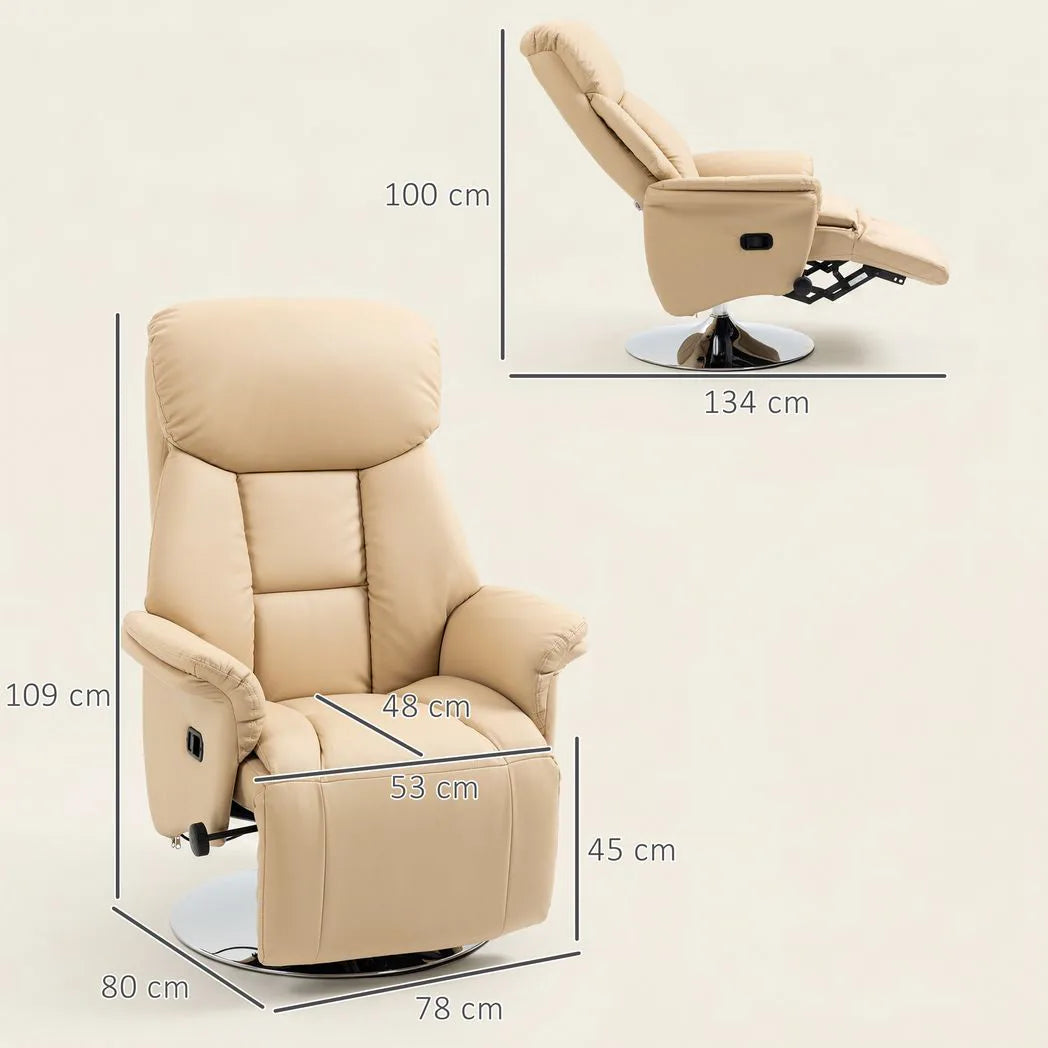 HOMCOM Manual Swivel Recliner Chair with Footrest, Padded Arms & PU Leather – 130° Armchair, Beige