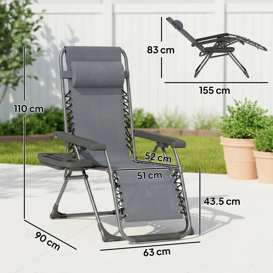 Outsunny Set of 2 Zero Gravity Chairs with Cup Holder and Headrest – Folding Reclining Garden Loungers, Grey