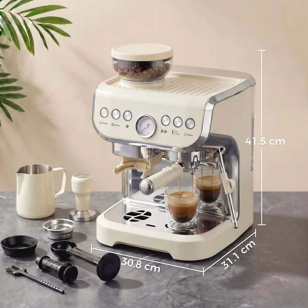 HOMCOM 15 Bar Espresso Coffee Machine with Adjustable Grinder, Steam Wand and Accessories – Cream White