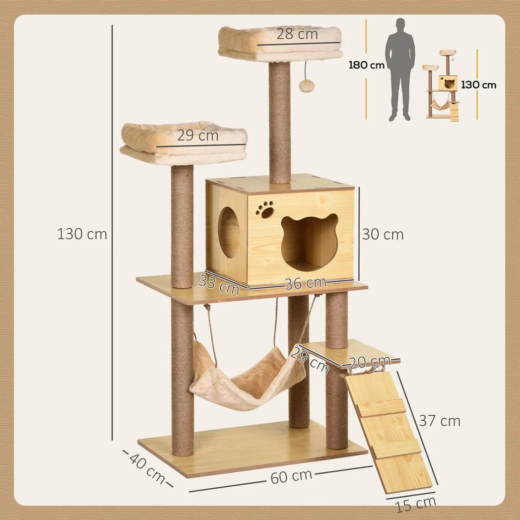 PawHut 130cm Plush Cat Tree with Five Scratching Posts, Two Perches, Cat House & Hammock