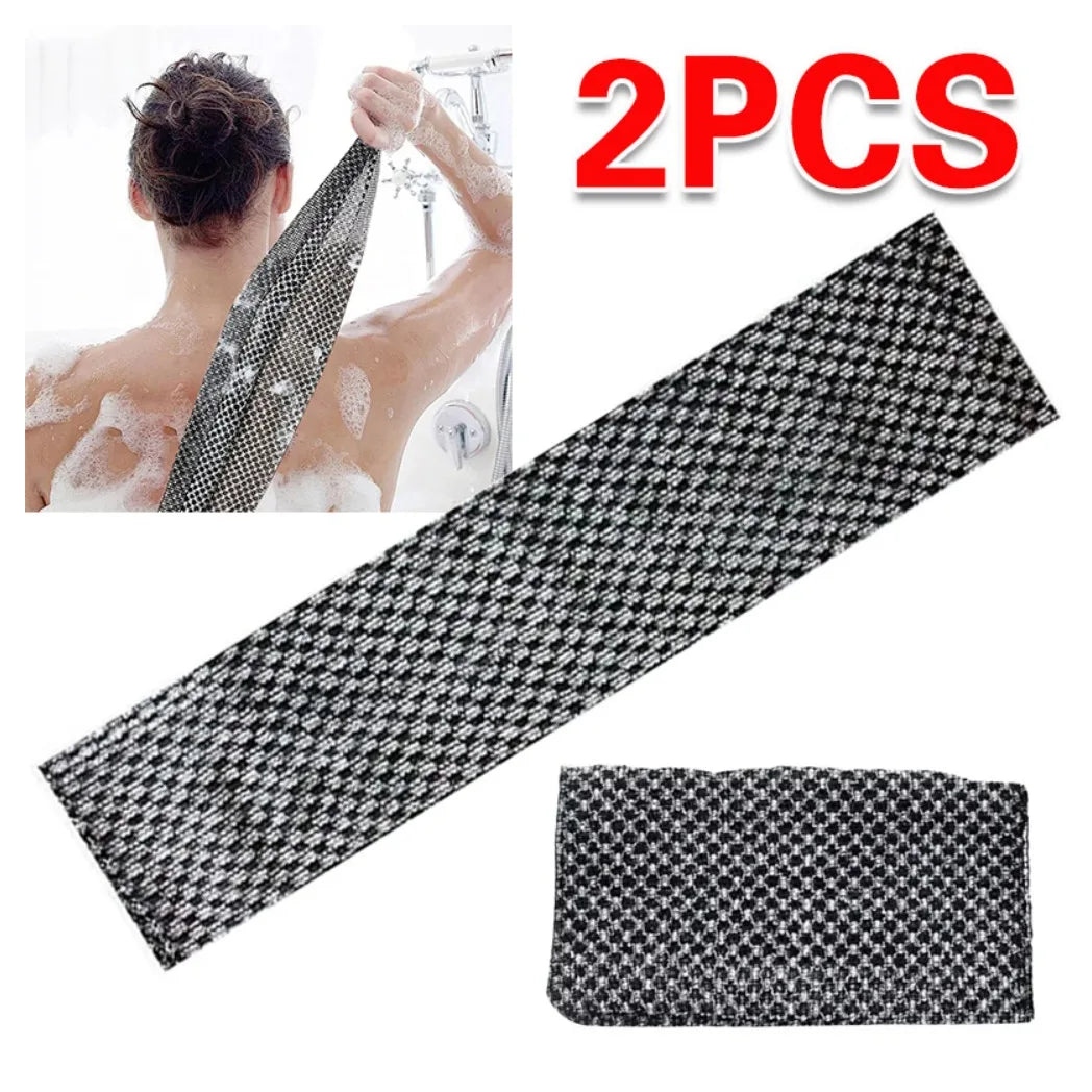 Double-Sided Exfoliating Back Scrubber Bath Towel, 25 x 100cm Body Washcloth – Set of 2, Black