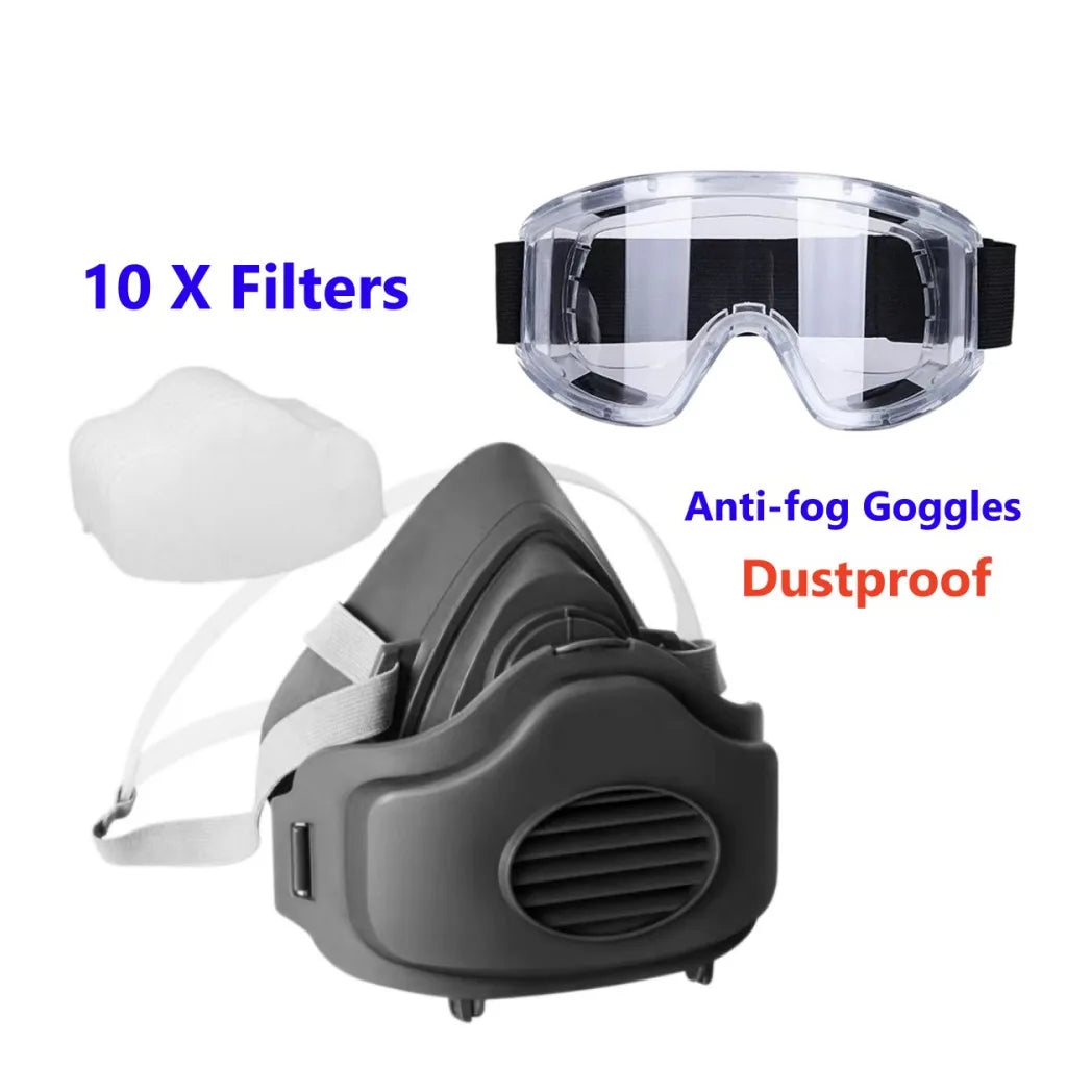 Reusable Half Face Respirator Mask with Safety Goggles and 10 Dust Filter Pads – Model 3200, Grey
