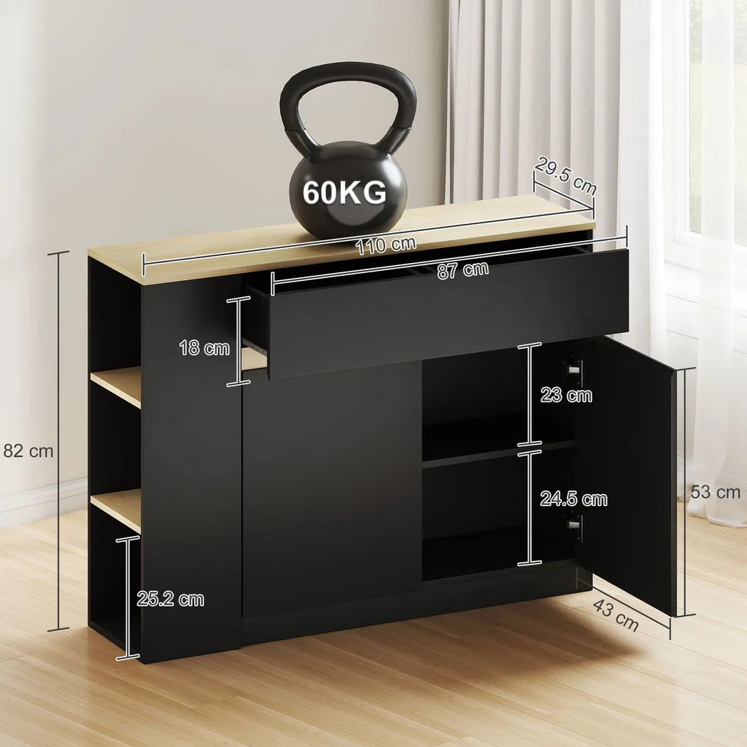 HOMCOM Kitchen Island Storage Cabinet with Adjustable Shelf, 2 Drawers and 3 Open Shelves – Dining Buffet, Black
