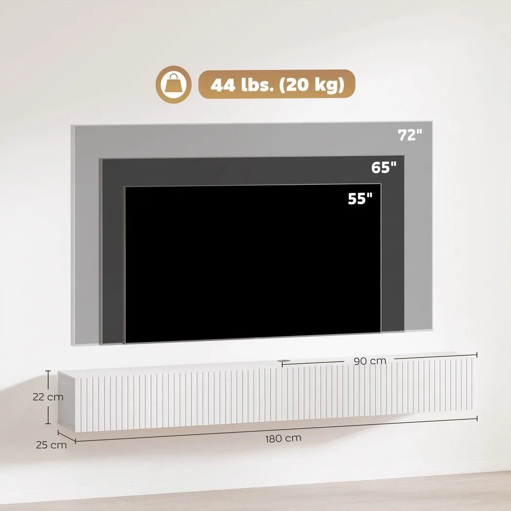 HOMCOM Floating TV Stand with Fluted Doors and Cable Hole – Wall-Mounted TV Unit for TVs up to 72", White