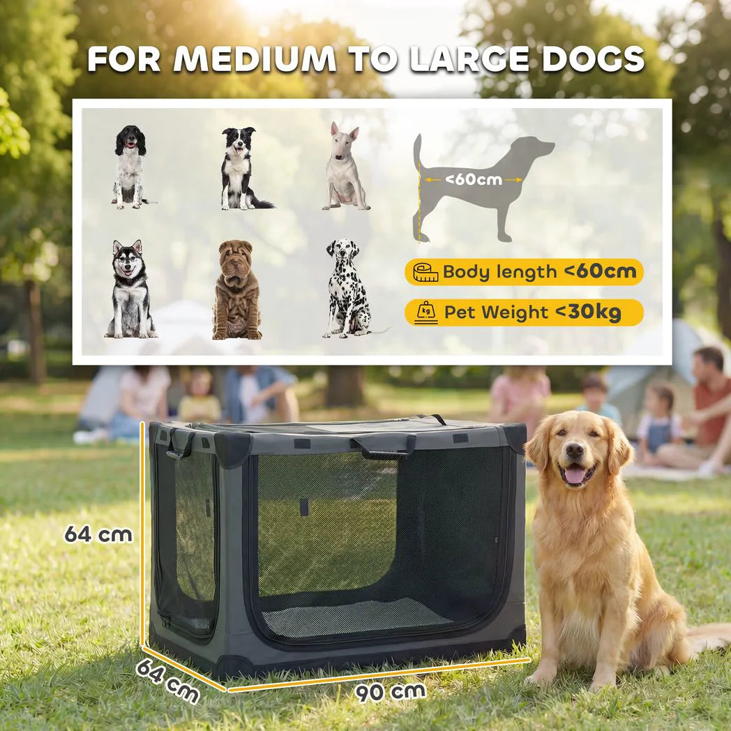 PawHut Soft Dog Travel Crate, 90 x 64 x 64 cm, with Removable Pad and Mesh Windows – Foldable, Army Green
