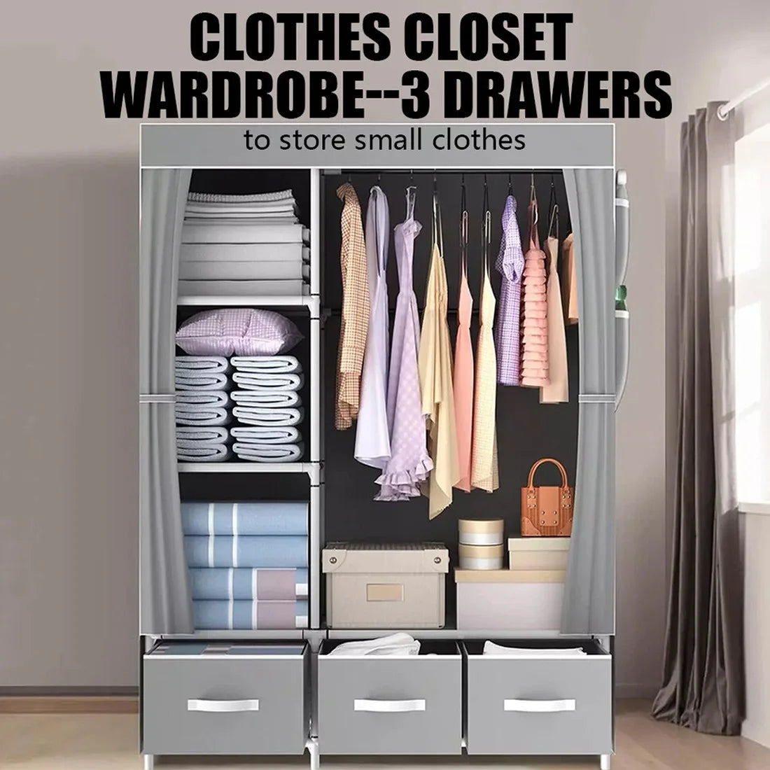 Large Fabric Canvas Wardrobe with Hanging Rail & 6 Shelves, Grey/Black, 105 x 45 x 163cm