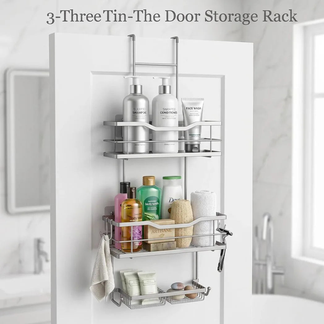 3 Tier Screen Shower Caddy Bathroom Storage Organiser Hanging Tidy Rack Basket-Black