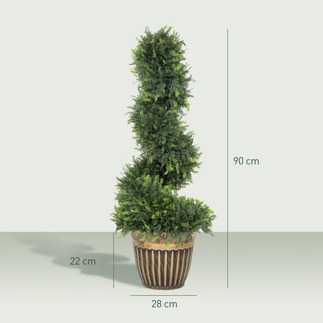 HOMCOM Set of 2 Artificial Plants, Topiary Spiral Boxwood Cypress Trees with Pot