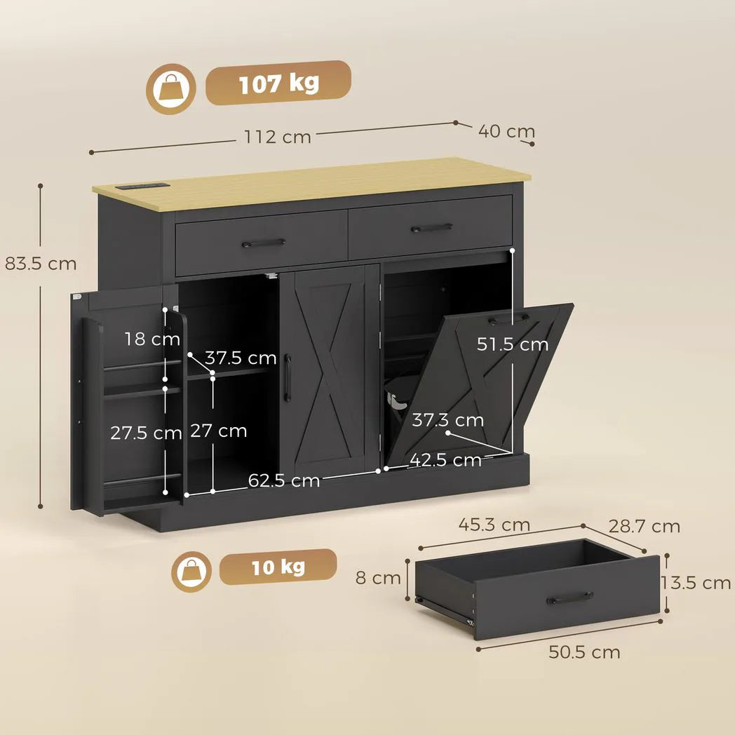 HOMCOM Tilt Out Trash Cabinet Kitchen Island with Charging Station, 57L Hidden Bin Storage, 2 Drawers & 2-Door Cupboard, Black