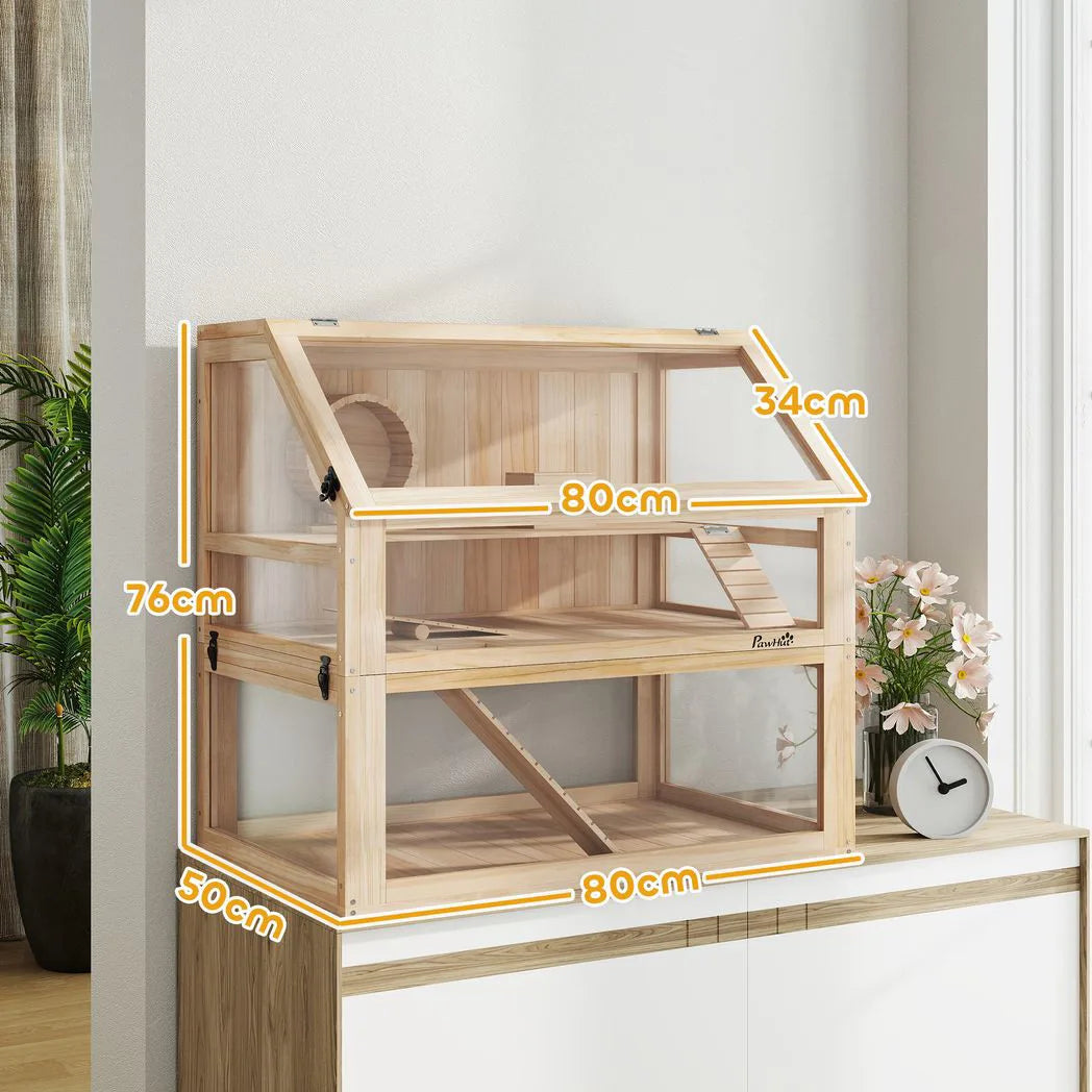 PawHut Wooden Hamster Cage with 31cm Deep Base, Hut, Seesaw, Exercise Wheel and Ramp, 80 x 50 x 76cm – Natural
