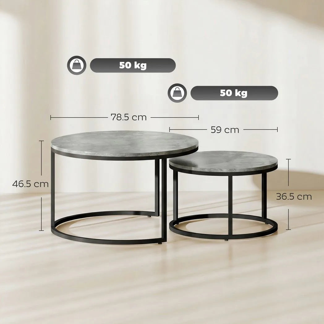 HOMCOM Set of Two Cement-Effect Nesting Coffee Tables with Steel Frame – Round Stacking Tables, Grey