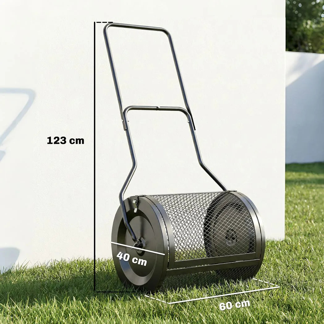 Outsunny 20" Compost and Peat Moss Spreader – 75L Metal Mesh Roller with Detachable U-Shaped Handle