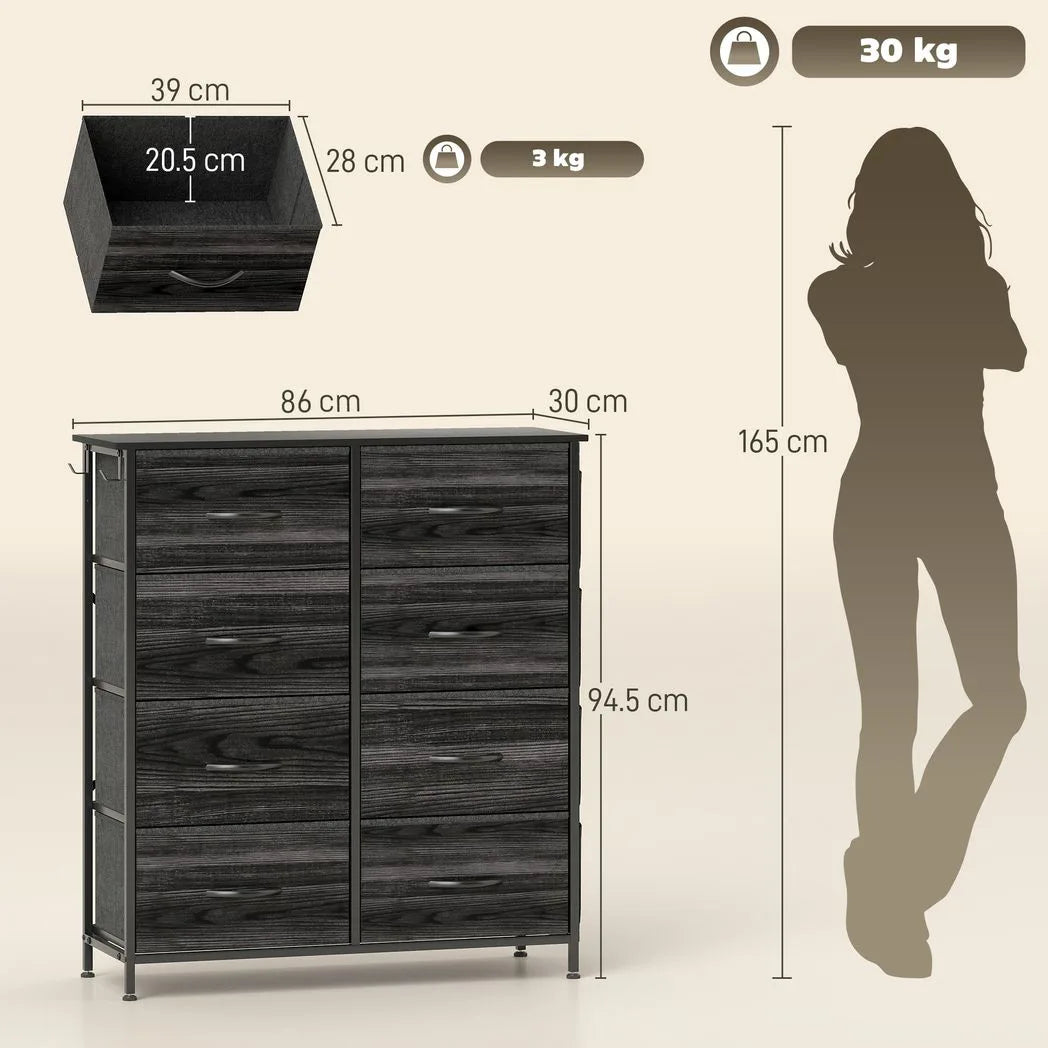 HOMCOM Eight Fabric Drawer Chest with Steel Frame, Pockets and Anti-Tipping Kit – Bedroom Storage, Black