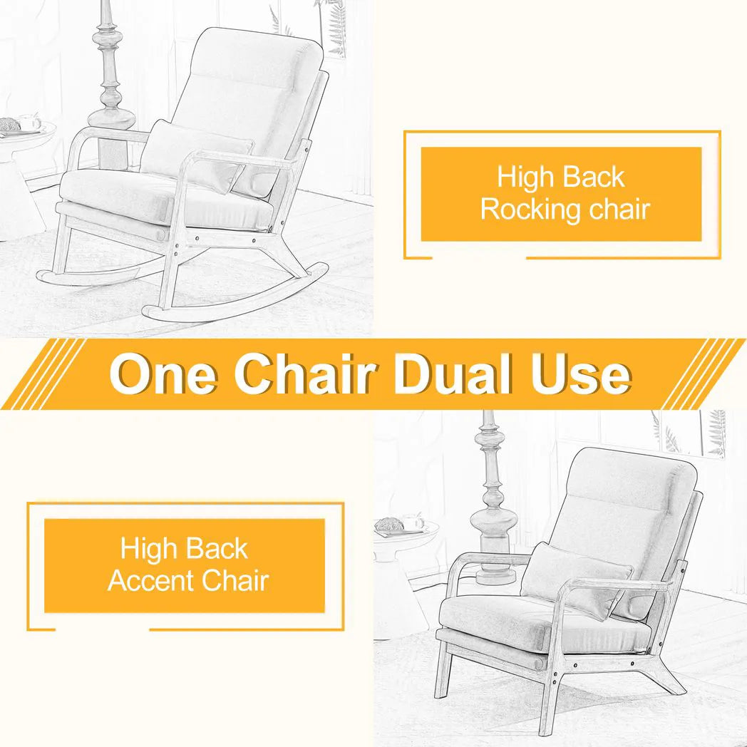 100*65*101cm High Back Belt Waist Pillow Log Color Solid Wood Armrest Backrest Seat Frame Iron Frame Indoor Rocking Chair/armchair dual use Off-white Linen