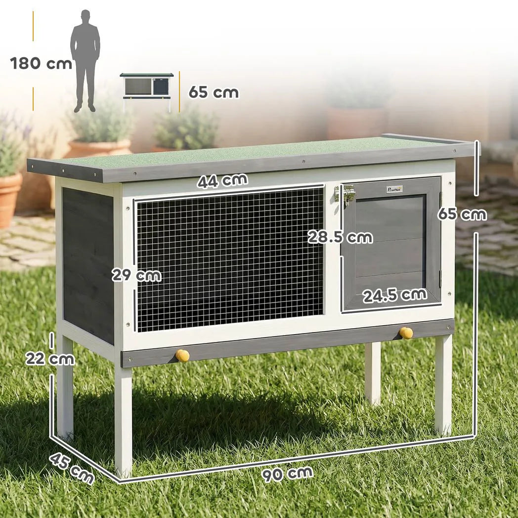 PawHut Wooden Rabbit Hutch with Asphalt Roof & Pull-Out Tray – Elevated Outdoor House for Small Animals