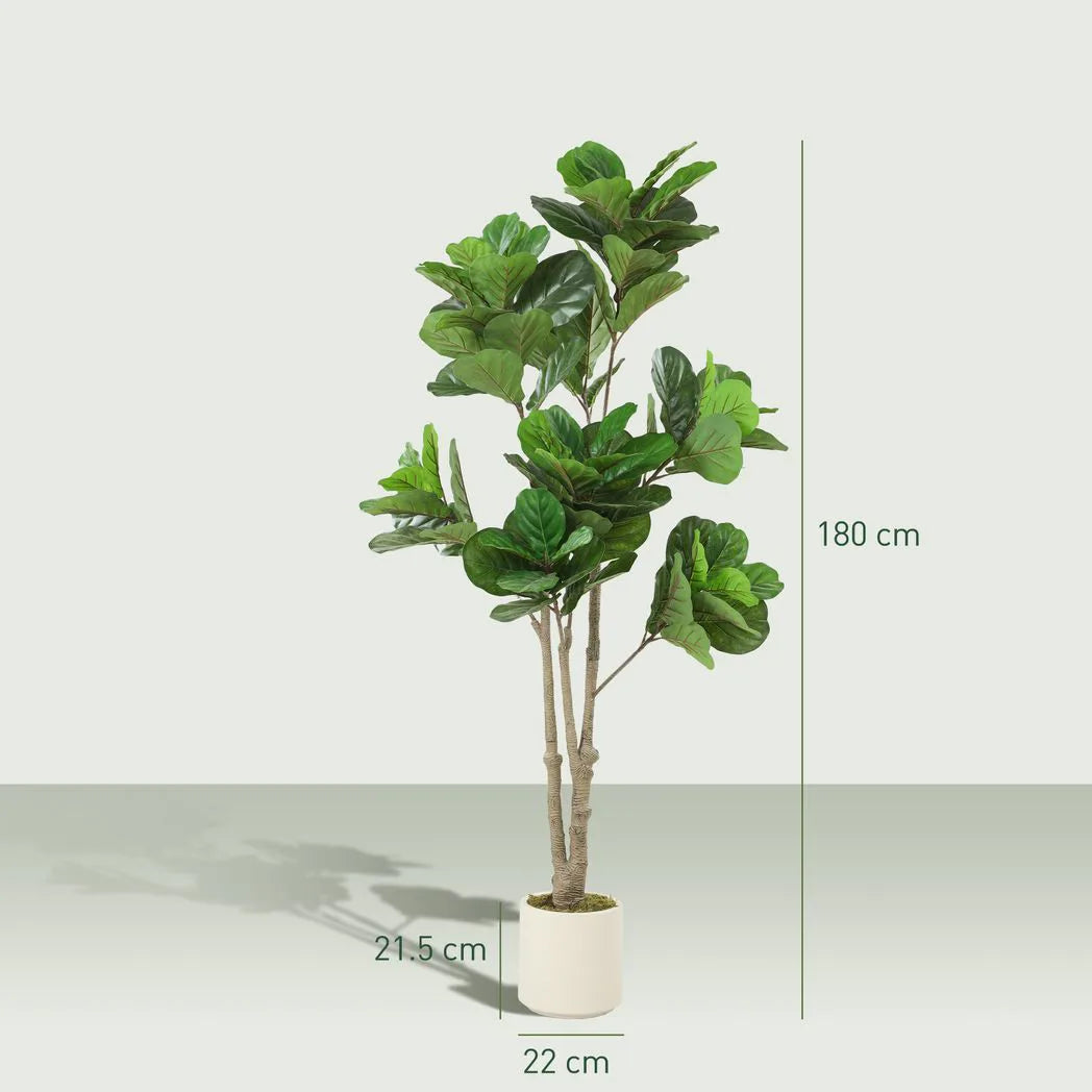 HOMCOM 180cm Artificial Fiddle Leaf Fig Tree with 98 Leaves and White Pot – Lifelike Faux Plant, Green