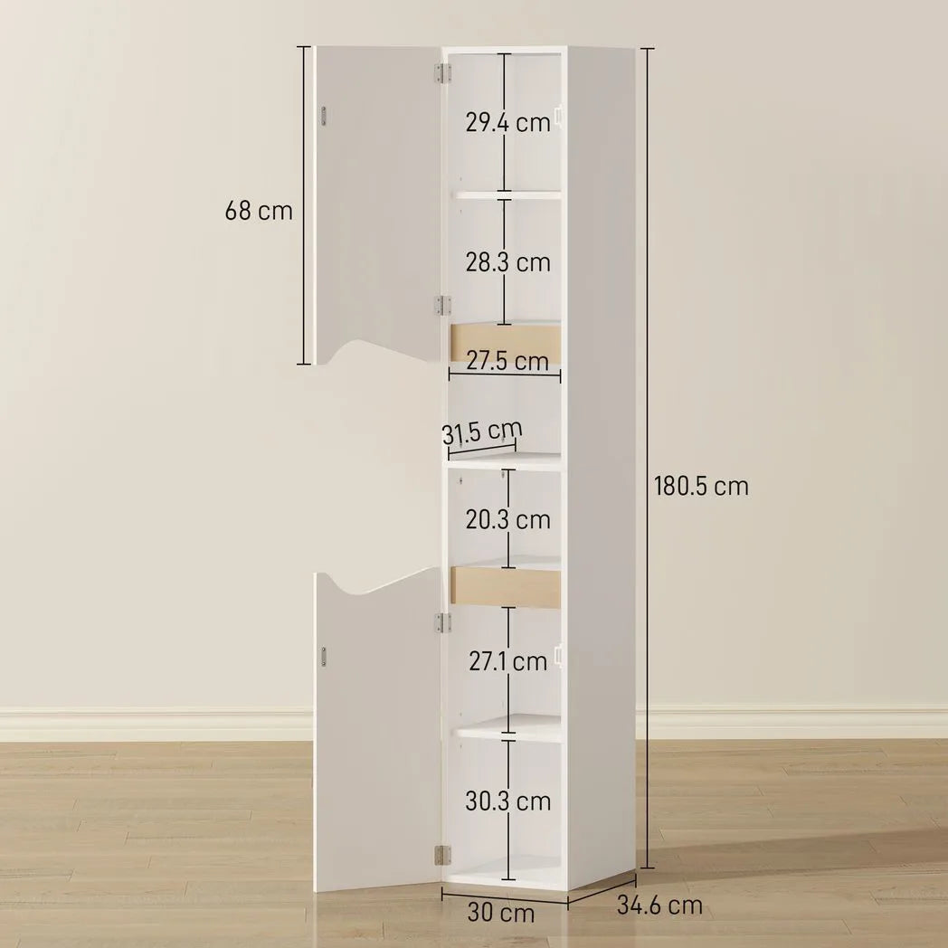 HOMCOM Tall Slim Bathroom Cabinet with 2 Doors and 2 Shelves – Space-Saving Storage, White and Natural Wood