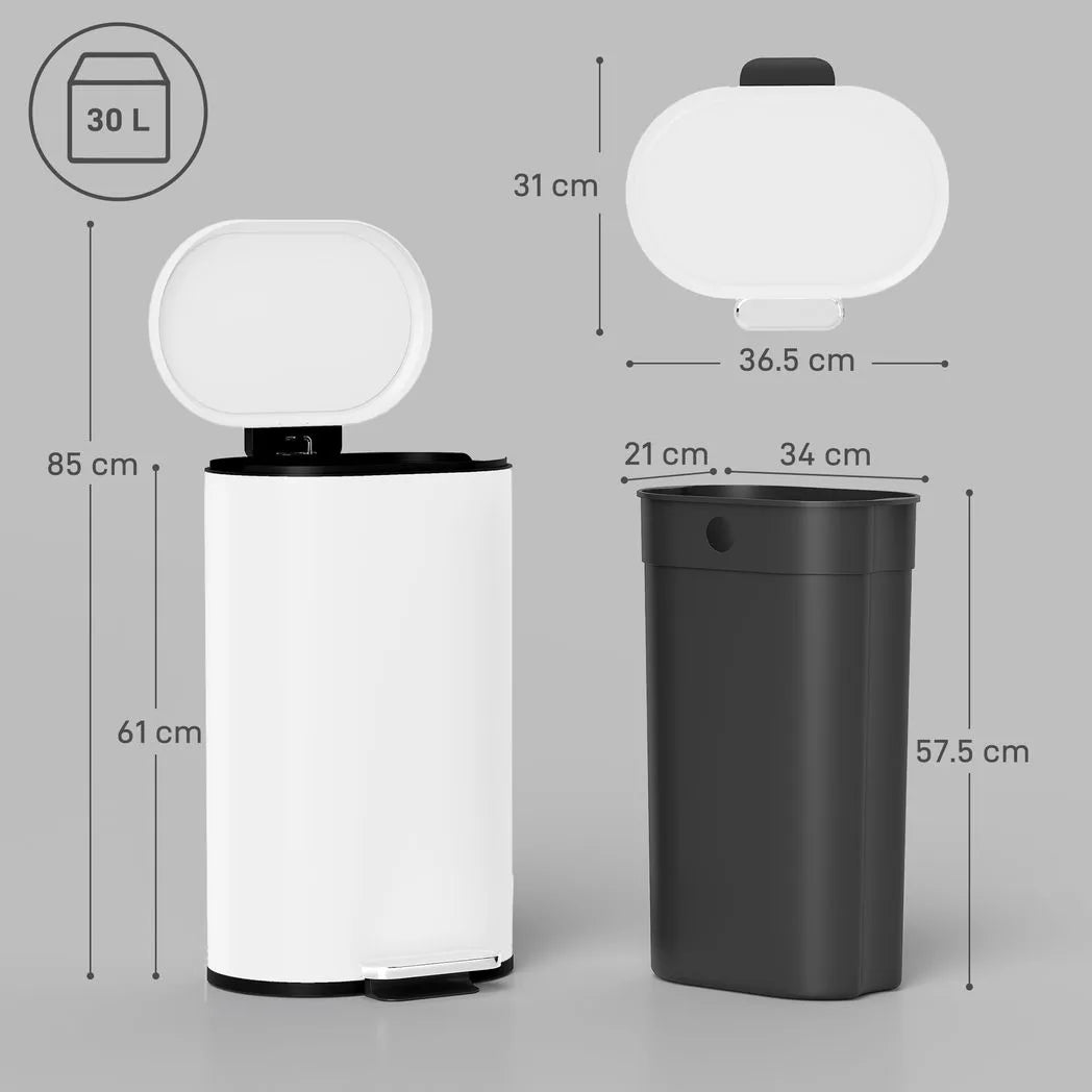 HOMCOM 30L Modern Curved Pedal Kitchen Bin with Soft-Close Lid and Removable Bucket, White
