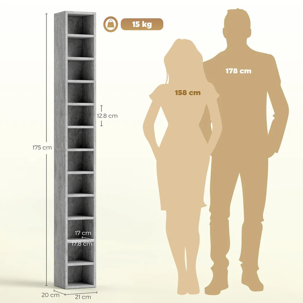 HOMCOM 204 CD Tall Narrow Media Storage Tower – 12-Tier Cube Display Shelf, Cement Grey