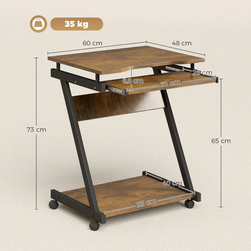 HOMCOM Movable Computer Desk with 4 Wheels and Keyboard Tray – Compact Home Office Workstation with Shelf