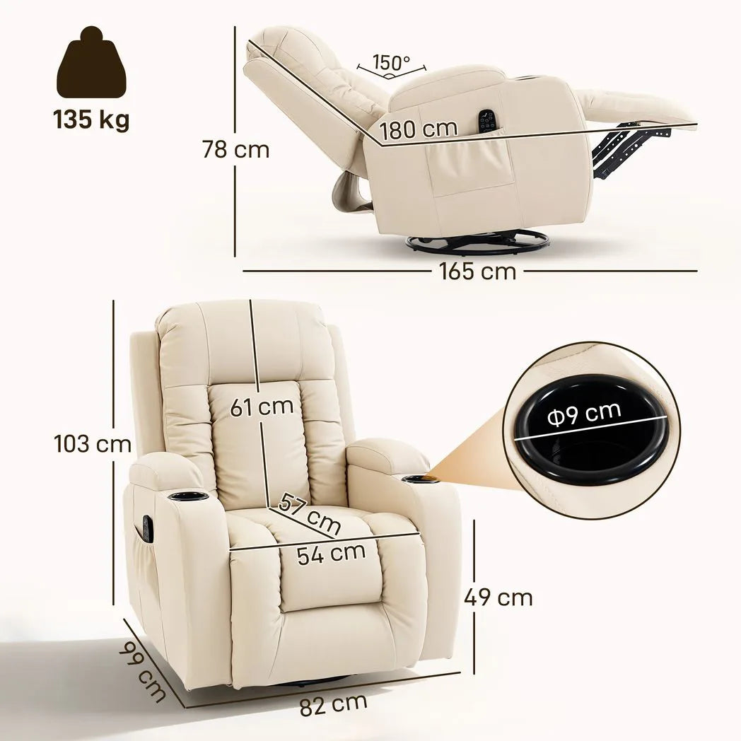 HOMCOM PU Leather Massage Recliner with Extended Footrest, Cup Holders and Side Pockets – Swivel Rocker, Cream