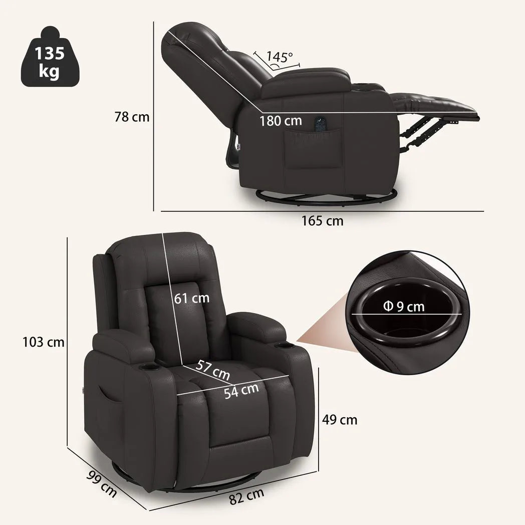 HOMCOM PU Leather Massage Recliner Chair with Heat, Extended Footrest, Cup Holders & Side Pockets – Dark Brown