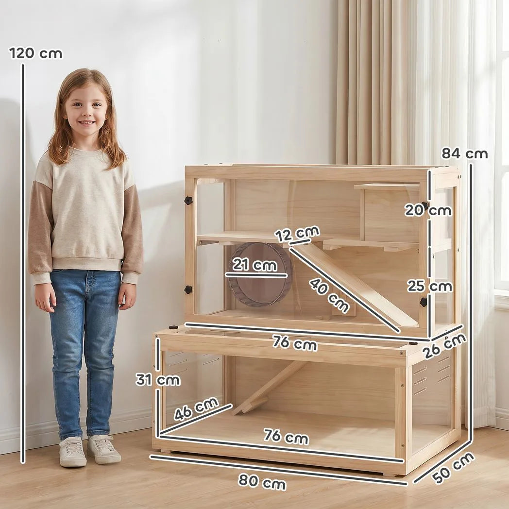 PawHut Wooden Hamster Cage with Hut, Wheel, Ramps and Removable Viewing Panels, 80 x 50 x 84 cm, Natural