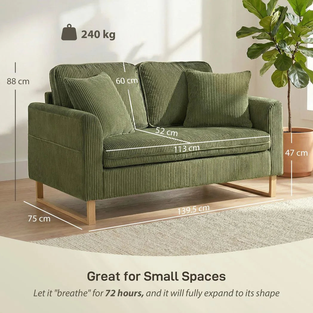 HOMCOM 2 Seater Sofa, 140 cm Corduroy Loveseat with Pocket Springs, Metal Legs and 2 Pillows – Dark Green