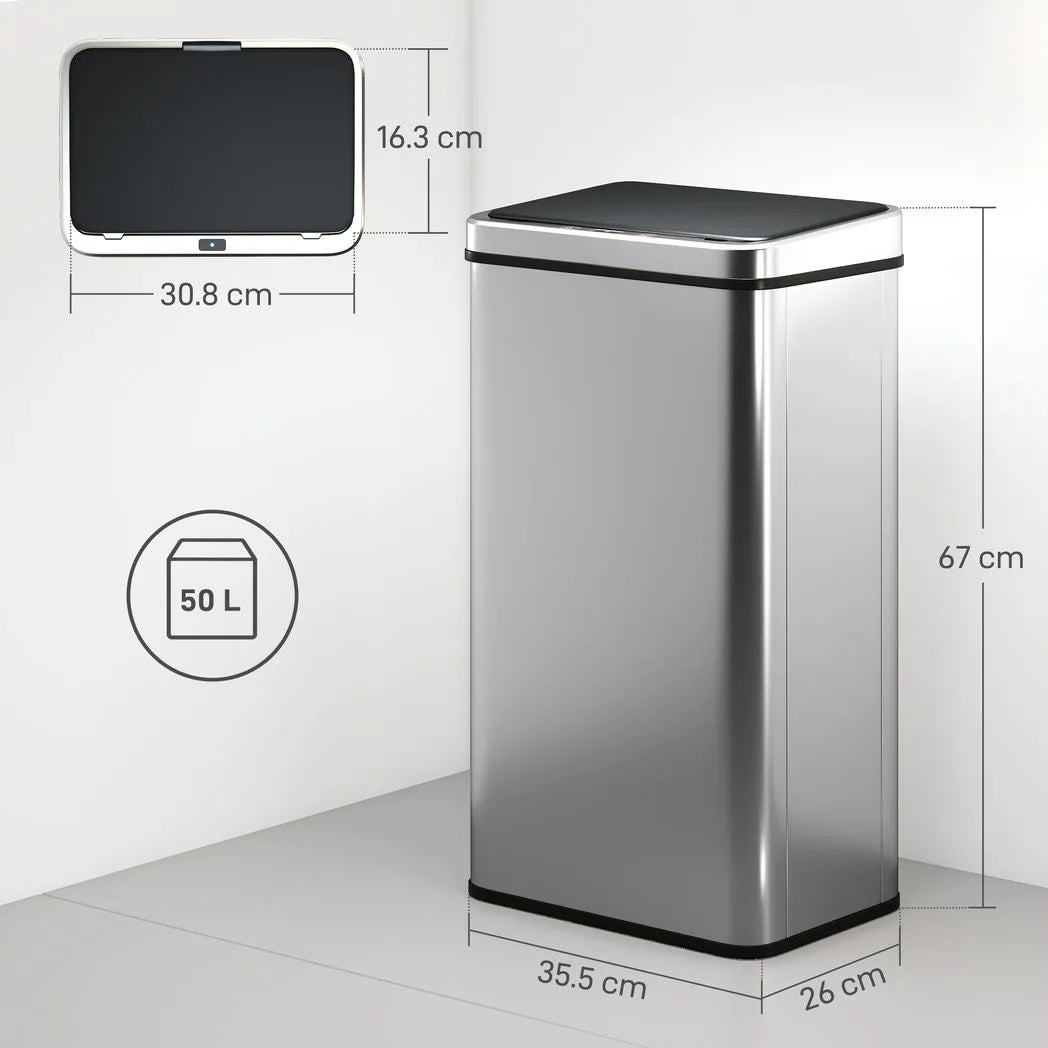 HOMCOM 50L Stainless Steel Sensor Bin with Soft-Close Lid – Touchless Automatic Kitchen Bin, Silver Tone