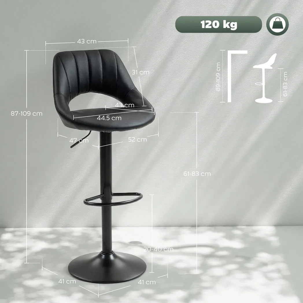 HOMCOM Set of 2 Faux Leather Bar Stools with Padded Seat and 360° Swivel – Adjustable Height, Black