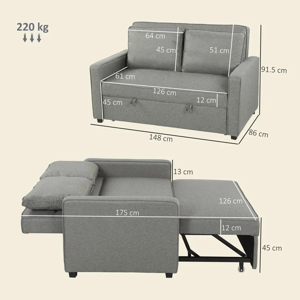 HOMCOM Double Click Clack Sofa Bed with Adjustable Backrest – 3-in-1 Pull-Out Bed for Living Room, Grey
