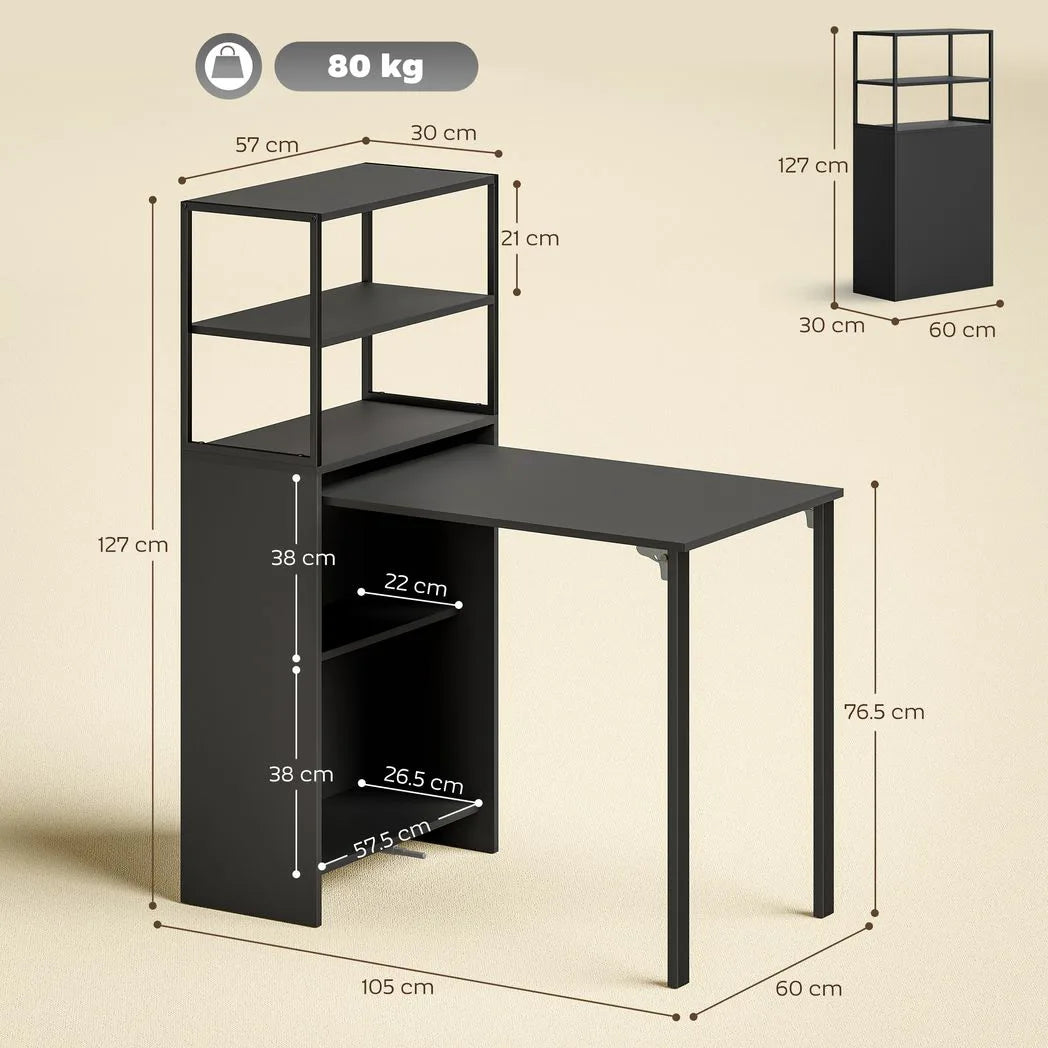 HOMCOM Folding Shelf and Work Table – 2-in-1 4-Tier Bookshelf and Desk with Steel Frame, Space-Saving, Black