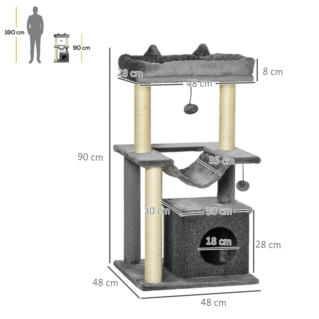 PawHut 90cm Cat Tree with Sisal Posts, Condo, Hammock & 2 Hanging Toys – Indoor Cat Tower, Grey