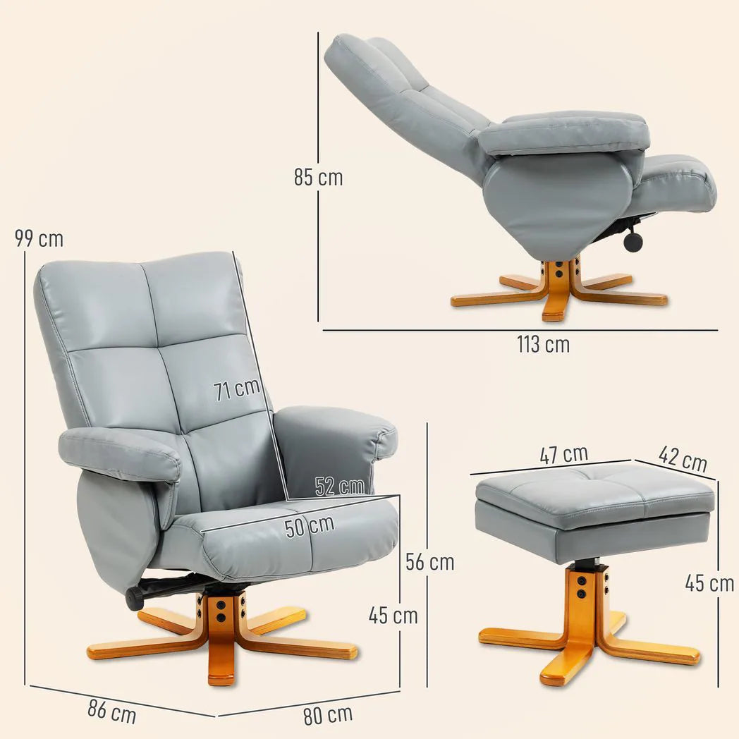 HOMCOM PU Leather Swivel Recliner Chair with Storage Footstool and Wooden Base – Living Room Armchair, Light Grey