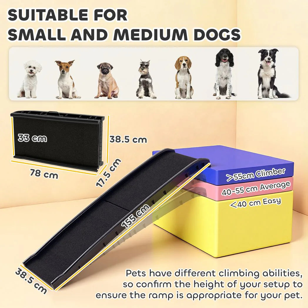 PawHut Foldable Dog Ramp with Frosted Anti-Slip Surface and Guardrails – Portable Car Ramp, 155 x 38.5 x 15.5 cm