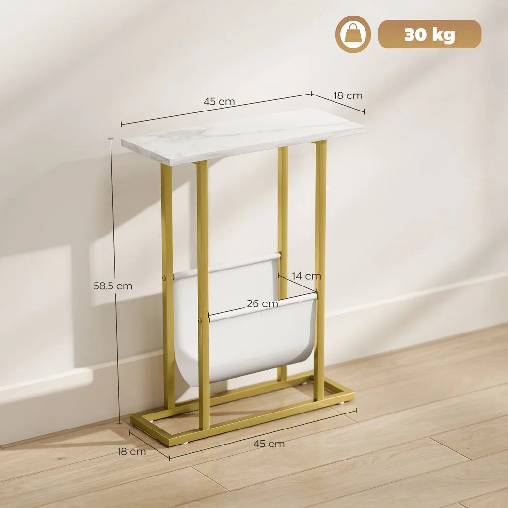 HOMCOM Narrow Side Table with Fabric Shelf – Slim Two-Tier End Table for Bedroom, White Marble Effect
