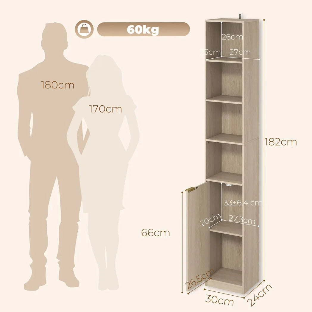 HOMCOM 6-Tier Bookcase with Adjustable Shelf, Cabinet and Anti-Tip Hardware – Slim Storage, Oak Effect