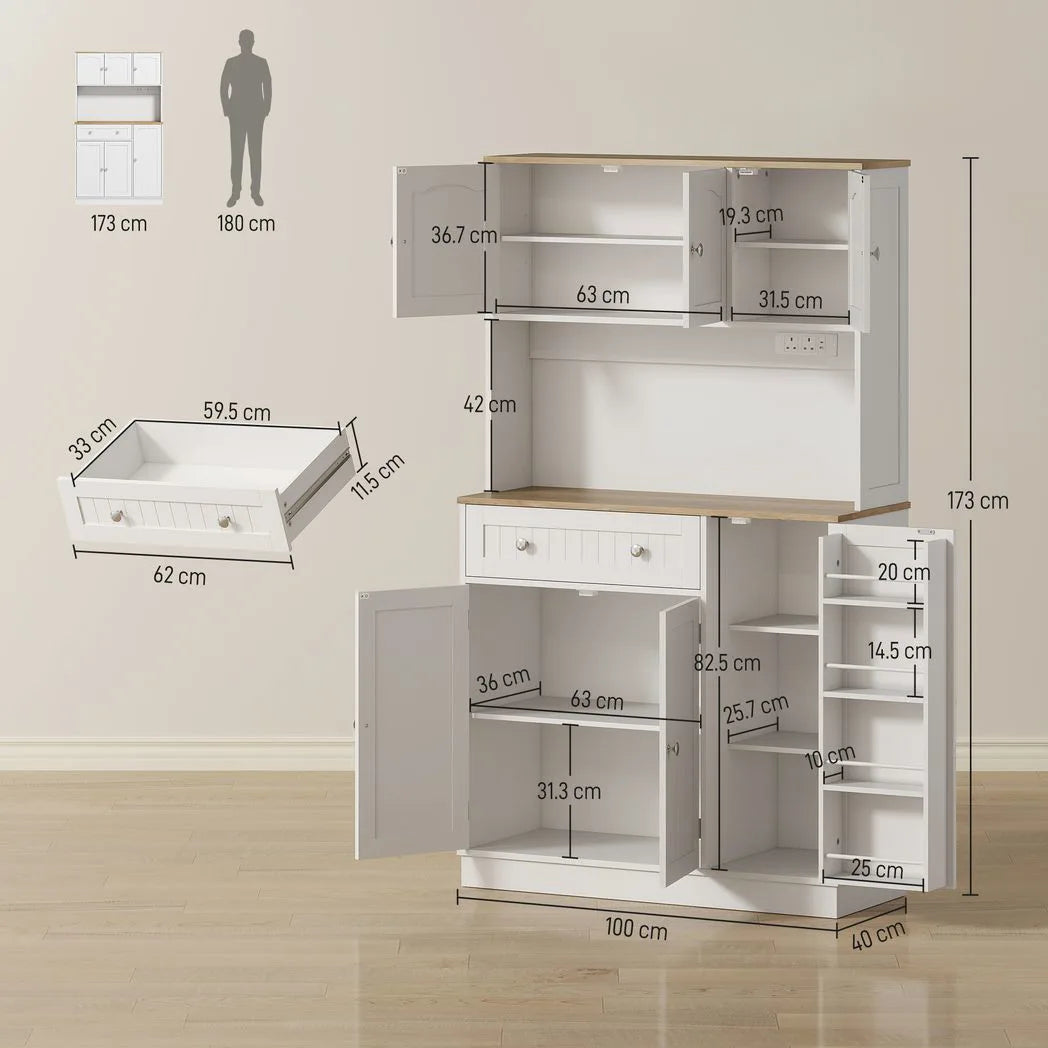 HOMCOM 173 cm Tall Kitchen Cupboard with Charging Station, Adjustable Shelves and 4 Door Racks – Pantry Storage Cabinet