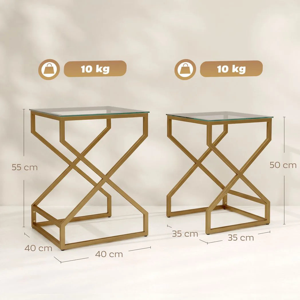 HOMCOM Nest of 2 Tables with Tempered Glass Tops and Golden Legs – Side and Coffee Table Set, Transparent