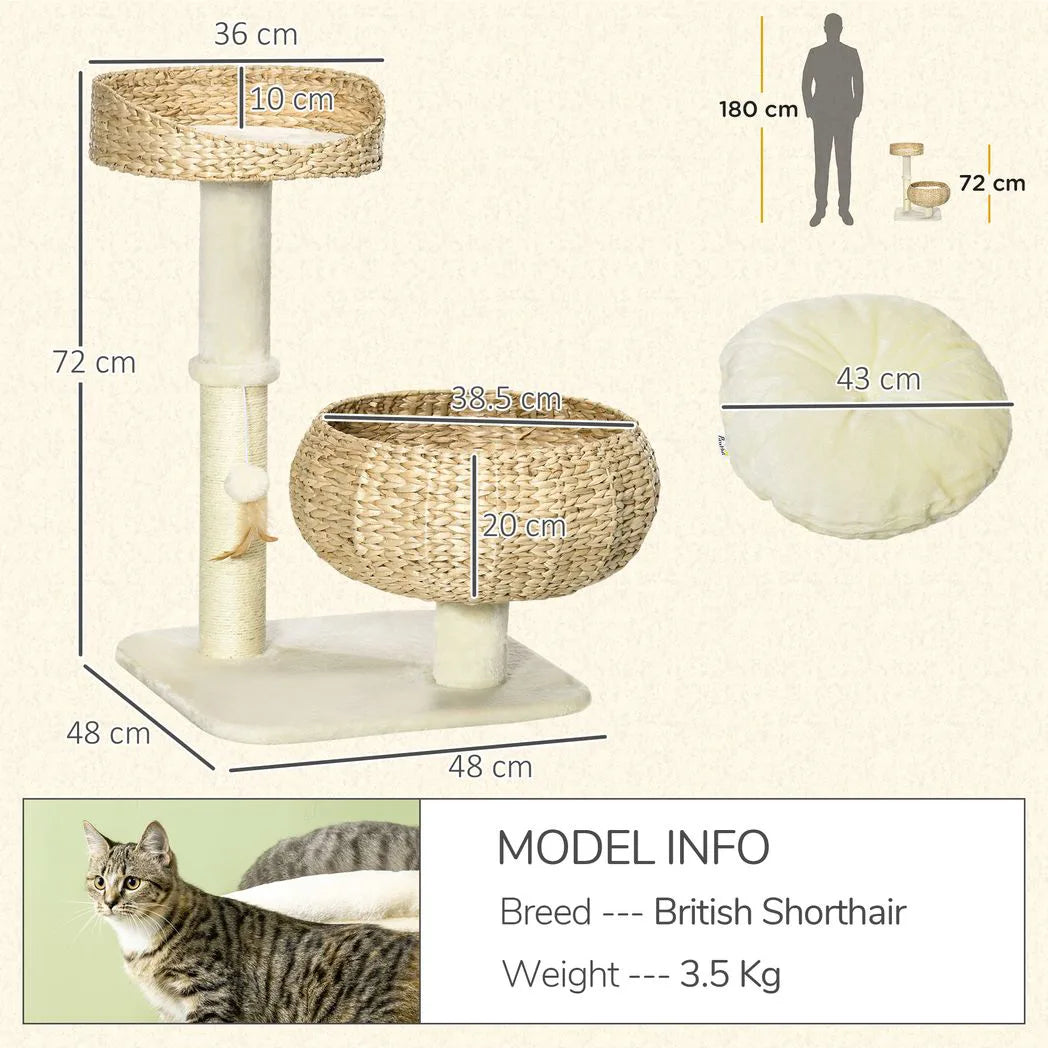 PawHut 72cm Cat Tree with Sisal Scratching Post, Two Beds & Toy Ball – Kitten Activity Tower, Beige