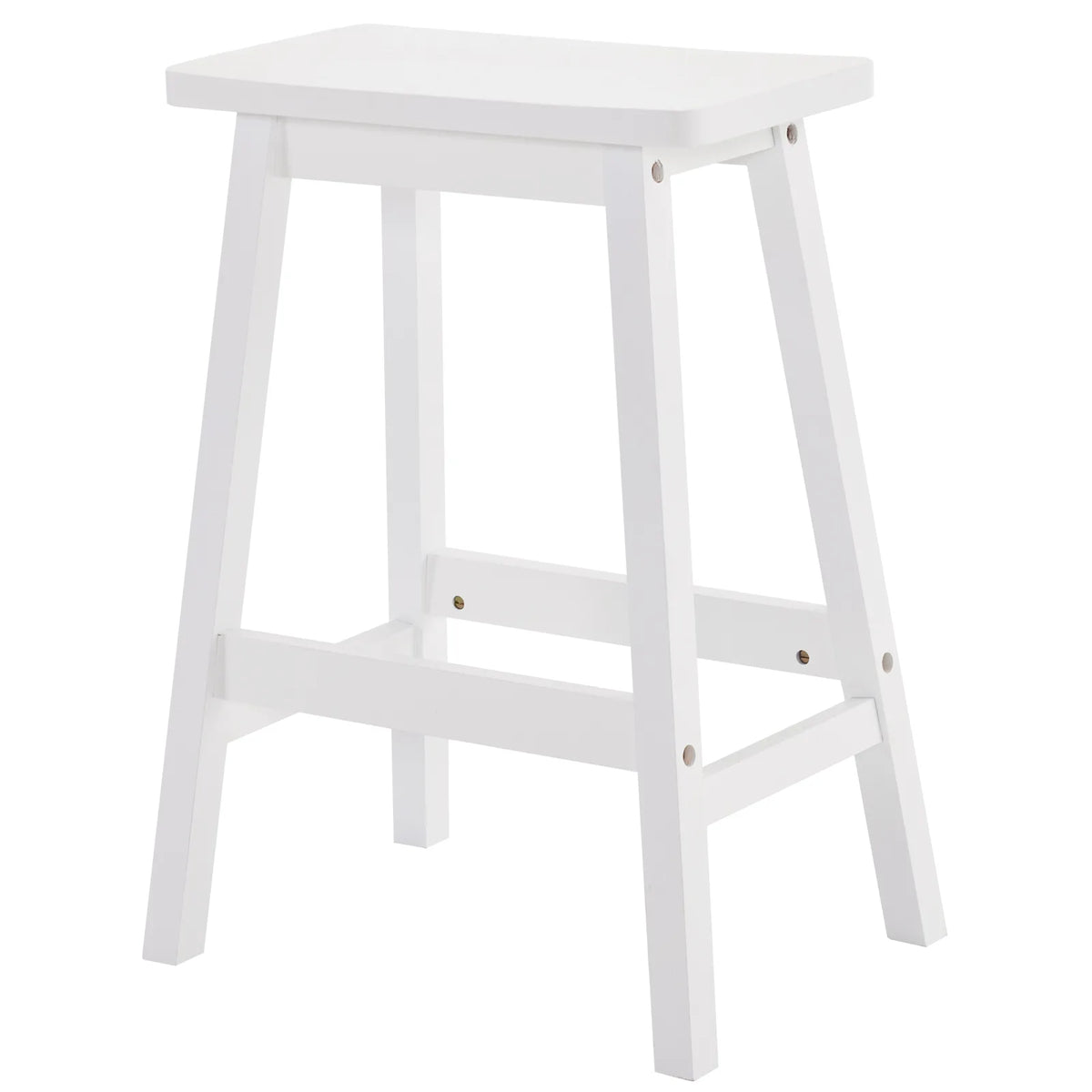 Set of 2 Pine Wood Saddle Seat Bar Stools with Footrests – Counter Height Kitchen and Home Bar Seating, White