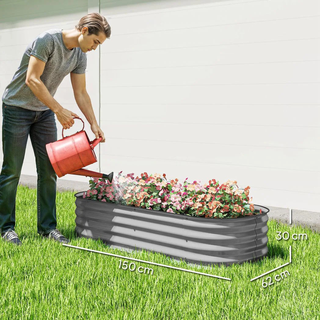 Outsunny Galvanised Steel Raised Garden Bed with Safety Edging, 150 x 62cm – Flowers and Herbs, Silver