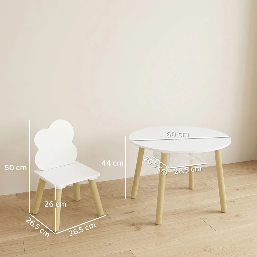 AIYAPLAY Kids Table and Chairs Set with Storage Bag – 3-Piece Cloud Design Toddler Playroom Set, White