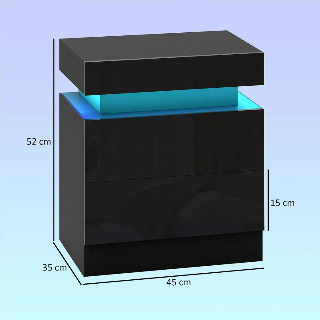 HOMCOM Set of 2 Bedside Tables with LED Light & 2 Drawers – High Gloss Nightstands for Bedroom, Black